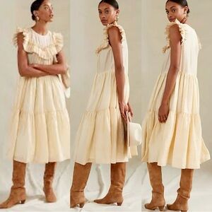Anthropologie Corey Lynn Calter Cream Ruffle Midi Dress size medium